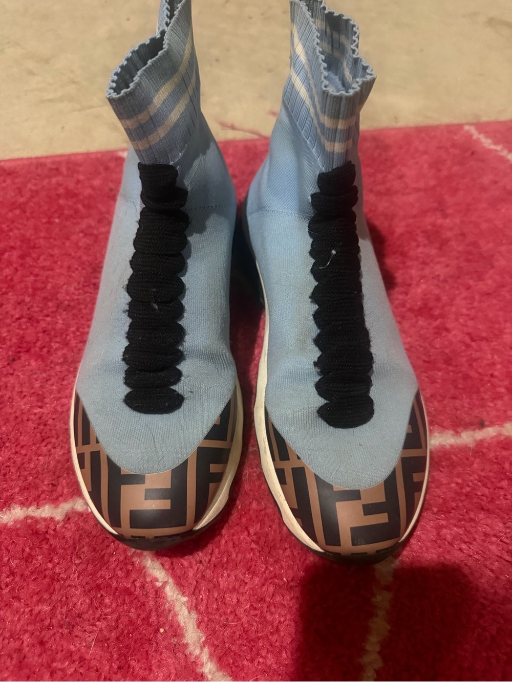 Fendi Light Blue Sock Sneakers with Black Laces and Brown FF Toe